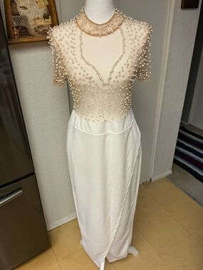 Pearl-Embellished Nude Mesh and White Maxi Dress